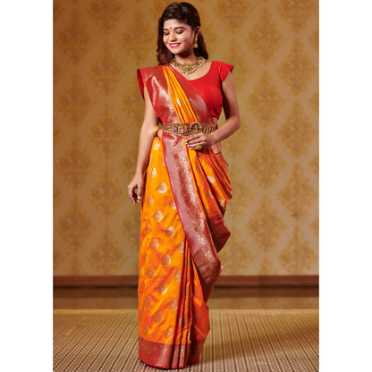 Kesar and Red Saree with Zari Bootas and Heavy Border Saree