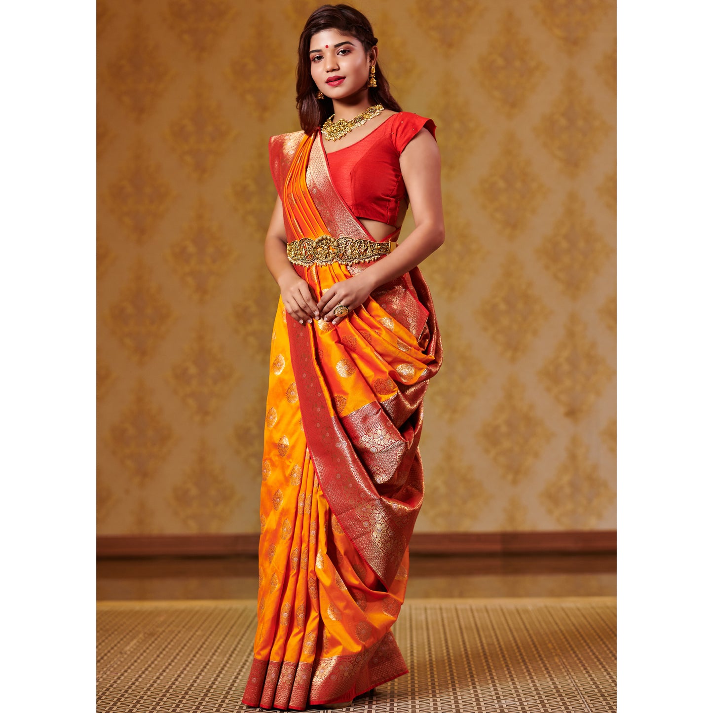 Kesar and Red Saree with Zari Bootas and Heavy Border Saree