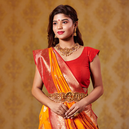 Kesar and Red Saree with Zari Bootas and Heavy Border Saree