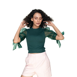 Hosiery Blouses- Bow Tie Up Sleeves - Green - Blouse featured