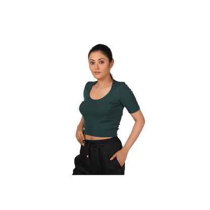 Hosiery Blouse- Regular Deep Round Neck - Green - Blouse featured