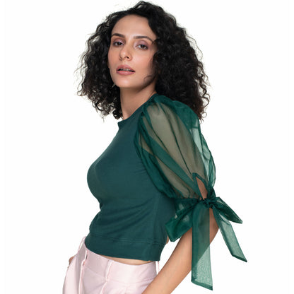 Hosiery Blouses- Bow Tie Up Sleeves - Green - Blouse featured