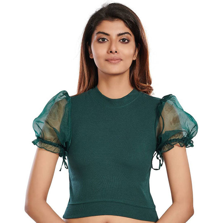 Hosiery Blouses with Puffy Organza Sleeves - Green - Blouse featured