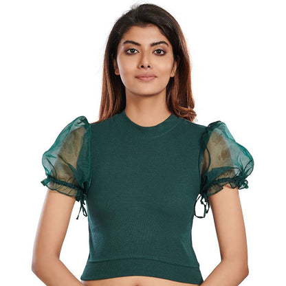 Hosiery Blouses with Puffy Organza Sleeves - Green - Blouse featured