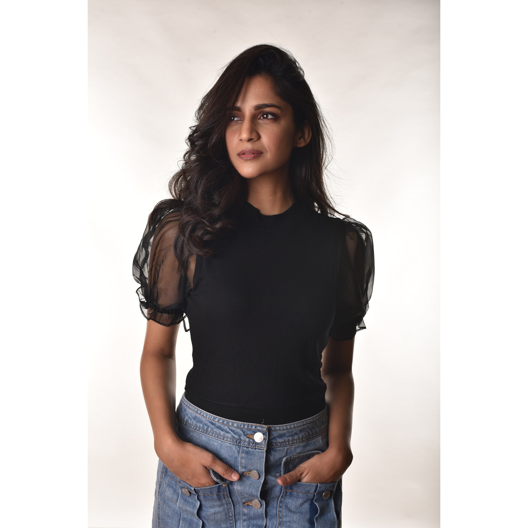 Hosiery Blouses with Puffy Organza Sleeves - Black - Blouse featured