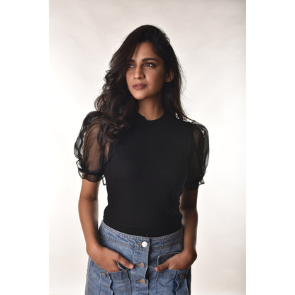 Hosiery Blouses with Puffy Organza Sleeves - Black - Blouse featured