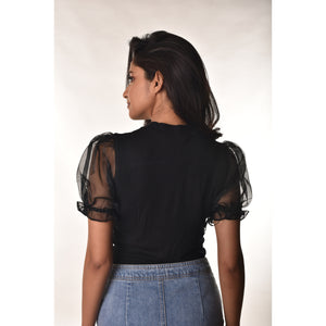 Hosiery Blouses with Puffy Organza Sleeves - Black - Blouse featured