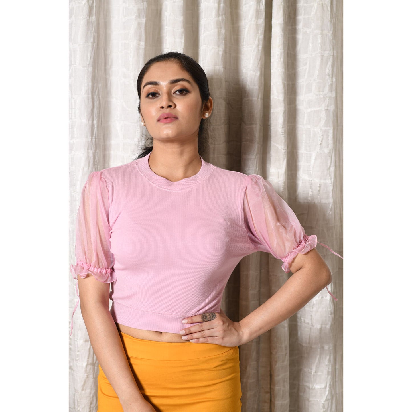 Hosiery Blouses with Puffy Organza Sleeves - Blush Pink - Blouse featured