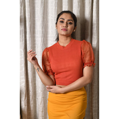 Hosiery Blouses with Puffy Organza Sleeves - Brick Red - Blouse featured