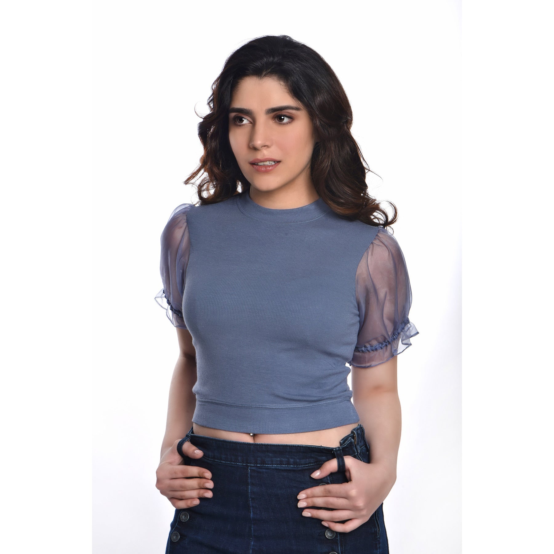 Hosiery Blouses with Puffy Organza Sleeves - Brilliant Blue - Blouse featured