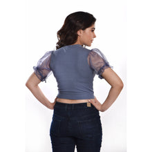 Load image into Gallery viewer, Hosiery Blouses with Puffy Organza Sleeves - Brilliant Blue - Blouse featured