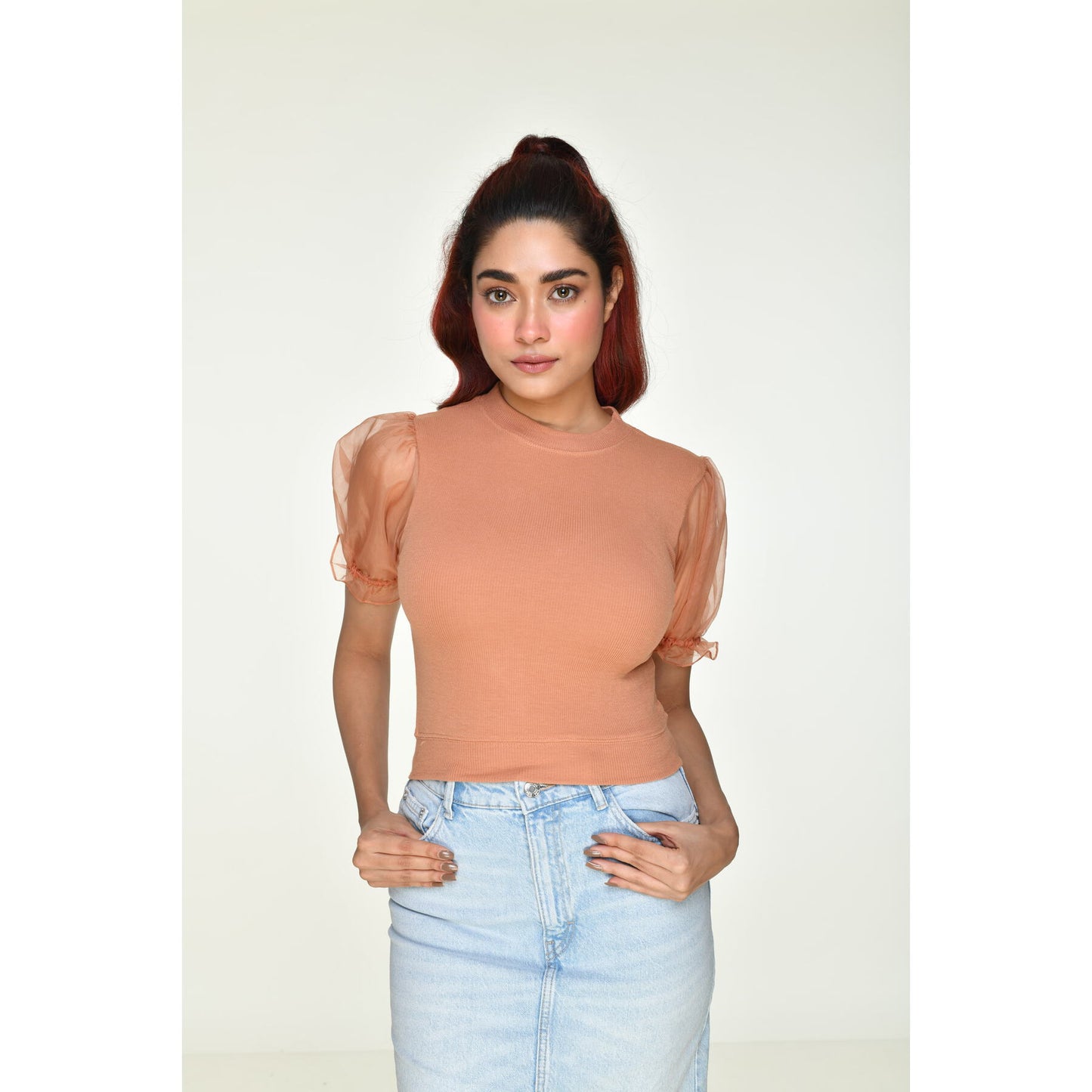 Hosiery Blouses with Puffy Organza Sleeves - Cider - Blouse featured