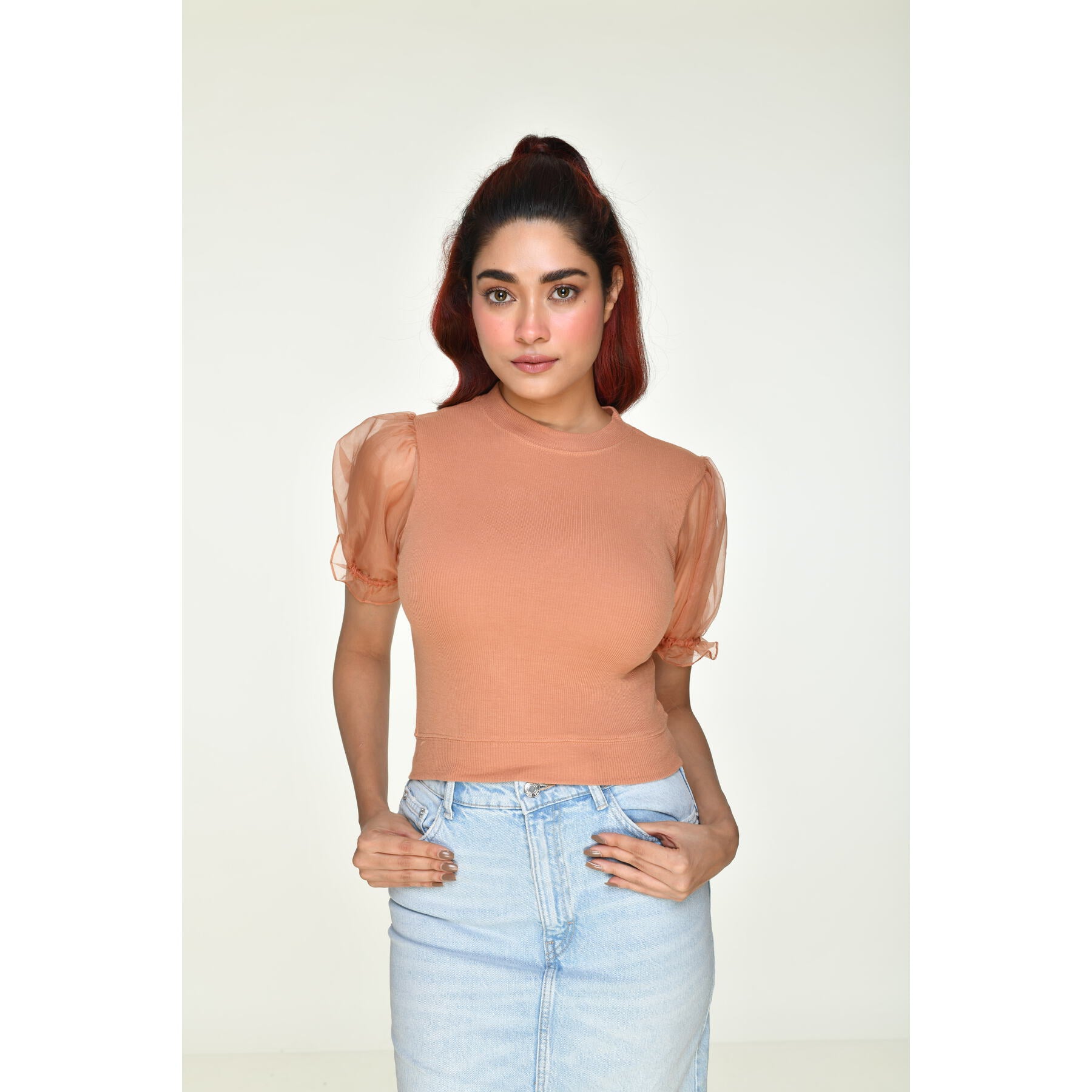 Hosiery Blouses with Puffy Organza Sleeves - Cider - Blouse featured