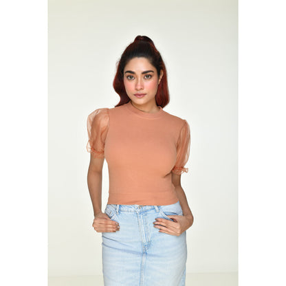 Hosiery Blouses with Puffy Organza Sleeves - Cider - Blouse featured