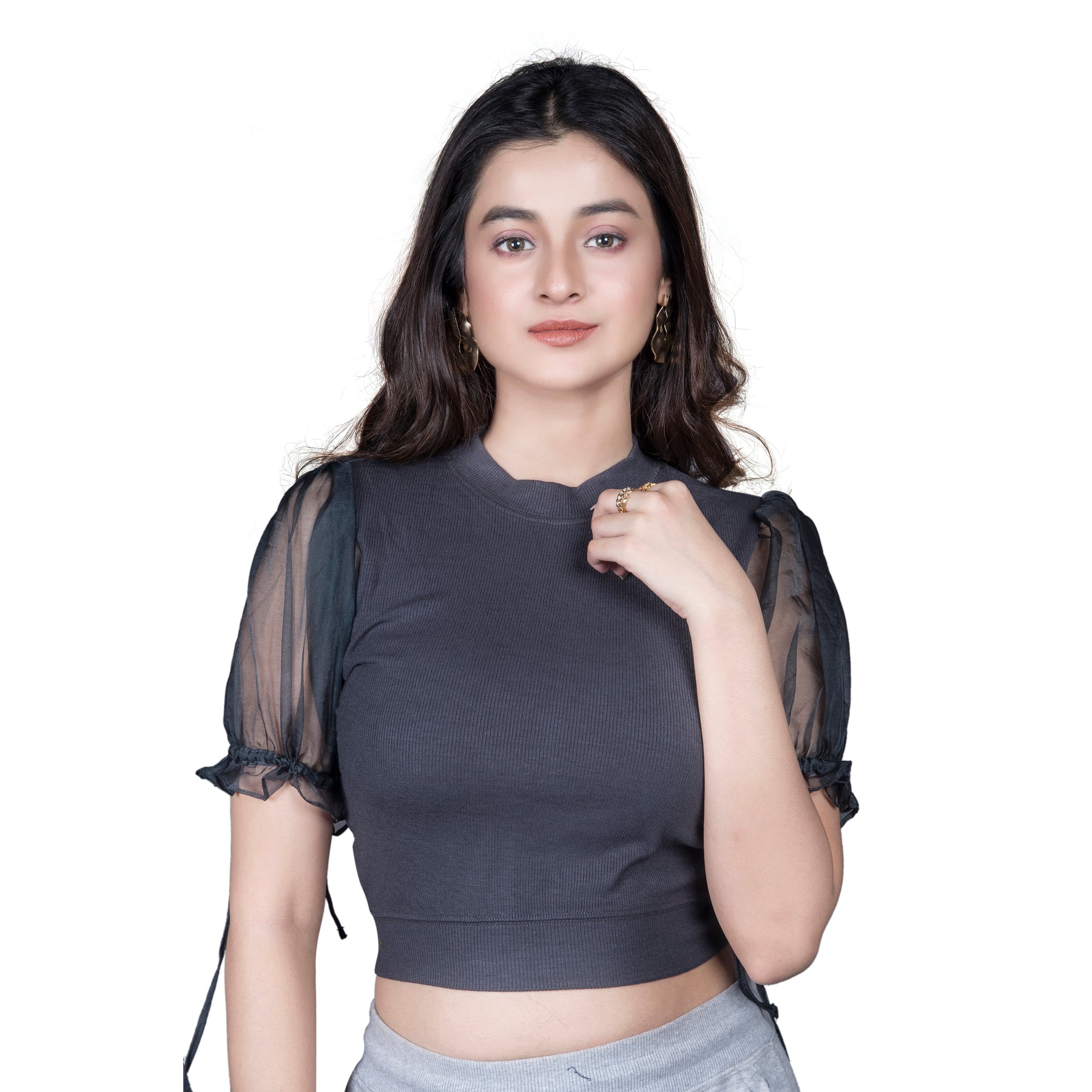 Hosiery Blouses with Puffy Organza Sleeves - Clay Grey - Blouse featured