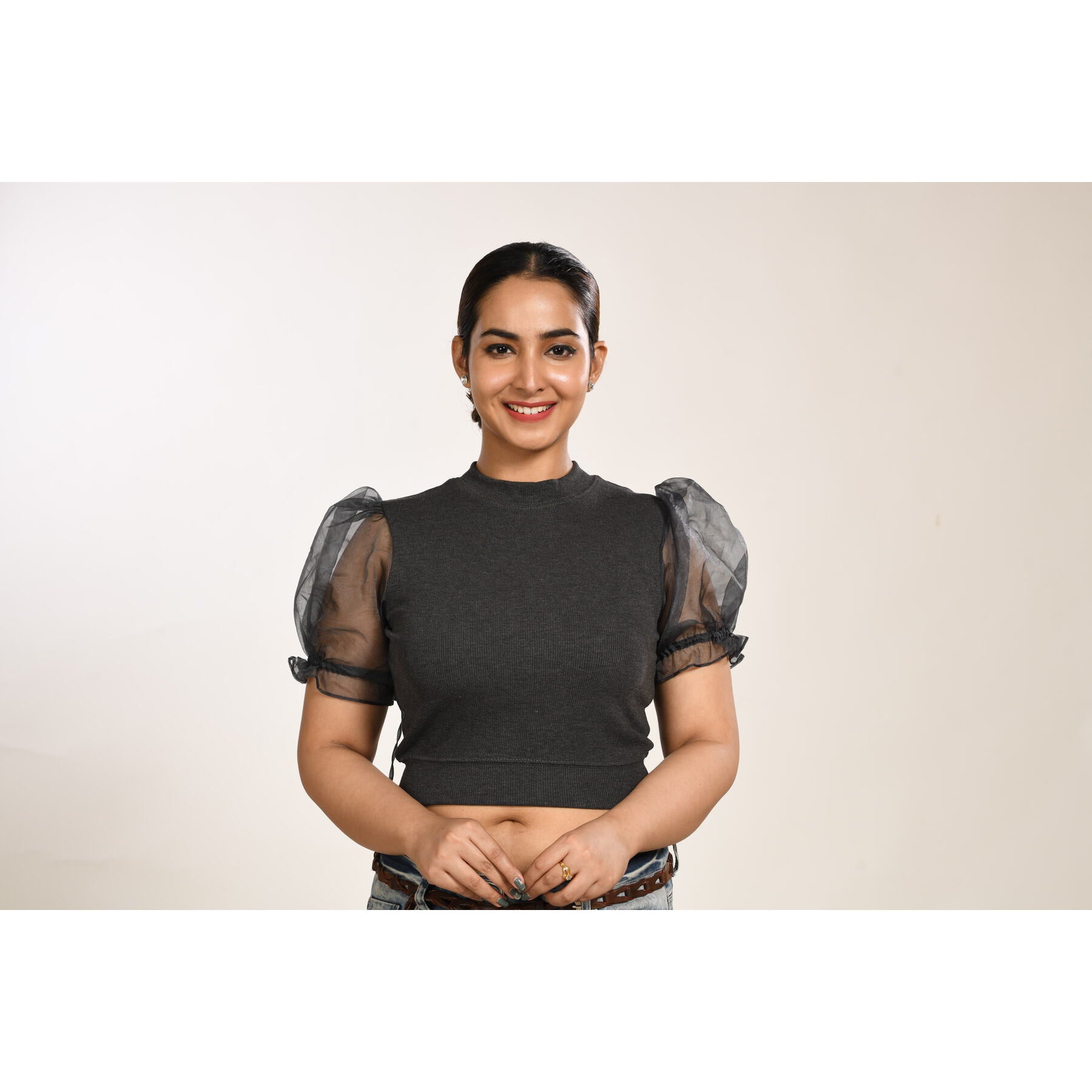 Hosiery Blouses with Puffy Organza Sleeves - Dark Grey - Blouse featured