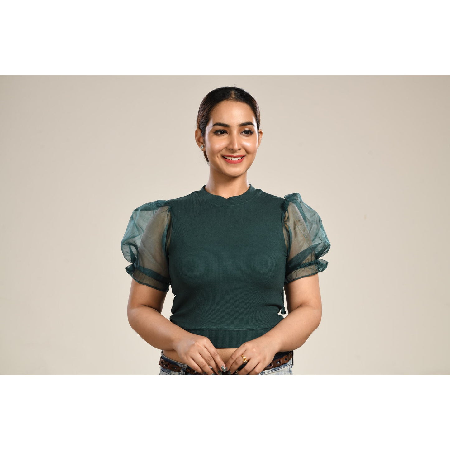 Hosiery Blouses with Puffy Organza Sleeves - Green - Blouse featured