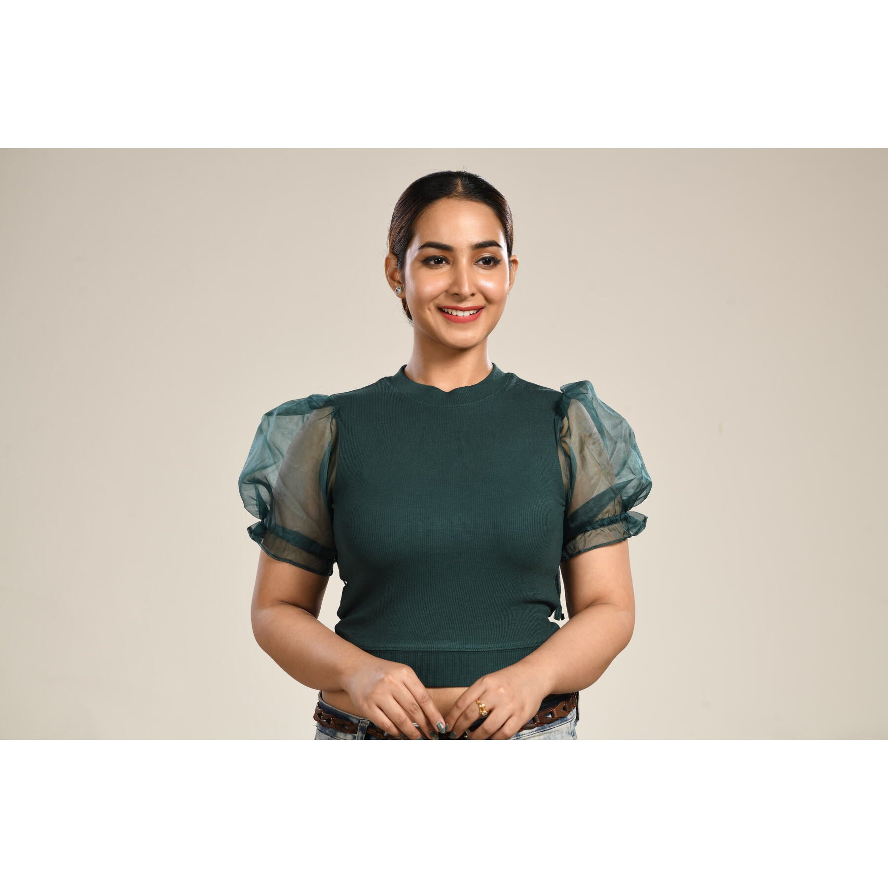 Hosiery Blouses with Puffy Organza Sleeves - Green - Blouse featured