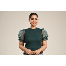 Load image into Gallery viewer, Hosiery Blouses with Puffy Organza Sleeves - Green - Blouse featured