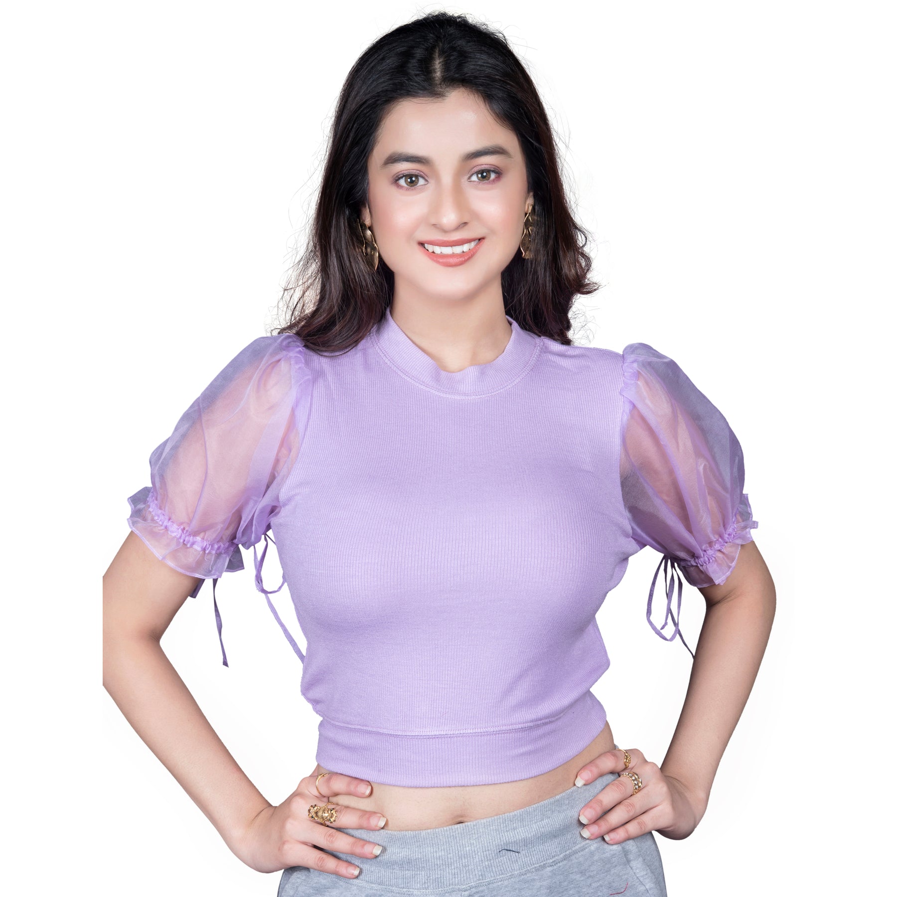Hosiery Blouses with Puffy Organza Sleeves - Lavender - Blouse featured