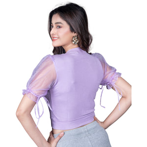 Hosiery Blouses with Puffy Organza Sleeves - Lavender - Blouse featured