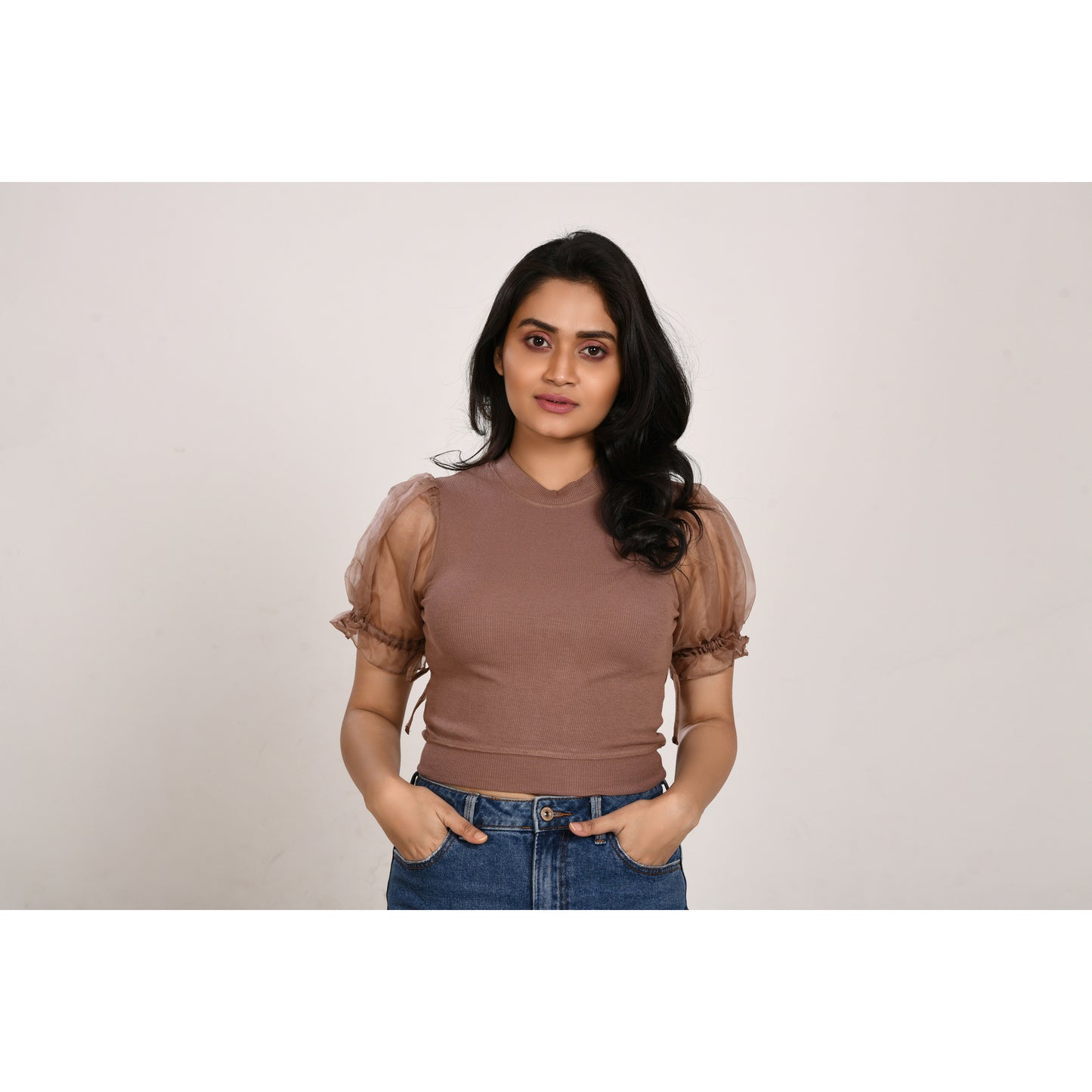 Hosiery Blouses with Puffy Organza Sleeves - Light Brown - Blouse featured