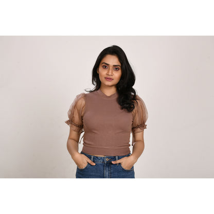 Hosiery Blouses with Puffy Organza Sleeves - Light Brown - Blouse featured