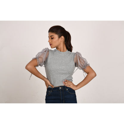 Hosiery Blouses with Puffy Organza Sleeves - Light Grey - Blouse featured