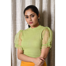 Load image into Gallery viewer, Hosiery Blouses with Puffy Organza Sleeves - Lime Green - Blouse featured
