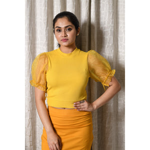 Hosiery Blouses with Puffy Organza Sleeves - Mango Yellow - Blouse featured