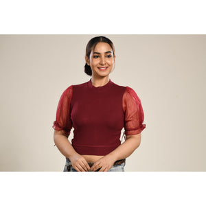 Hosiery Blouses with Puffy Organza Sleeves - Maroon - Blouse featured