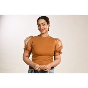 Hosiery Blouses with Puffy Organza Sleeves - Mustard - Blouse featured