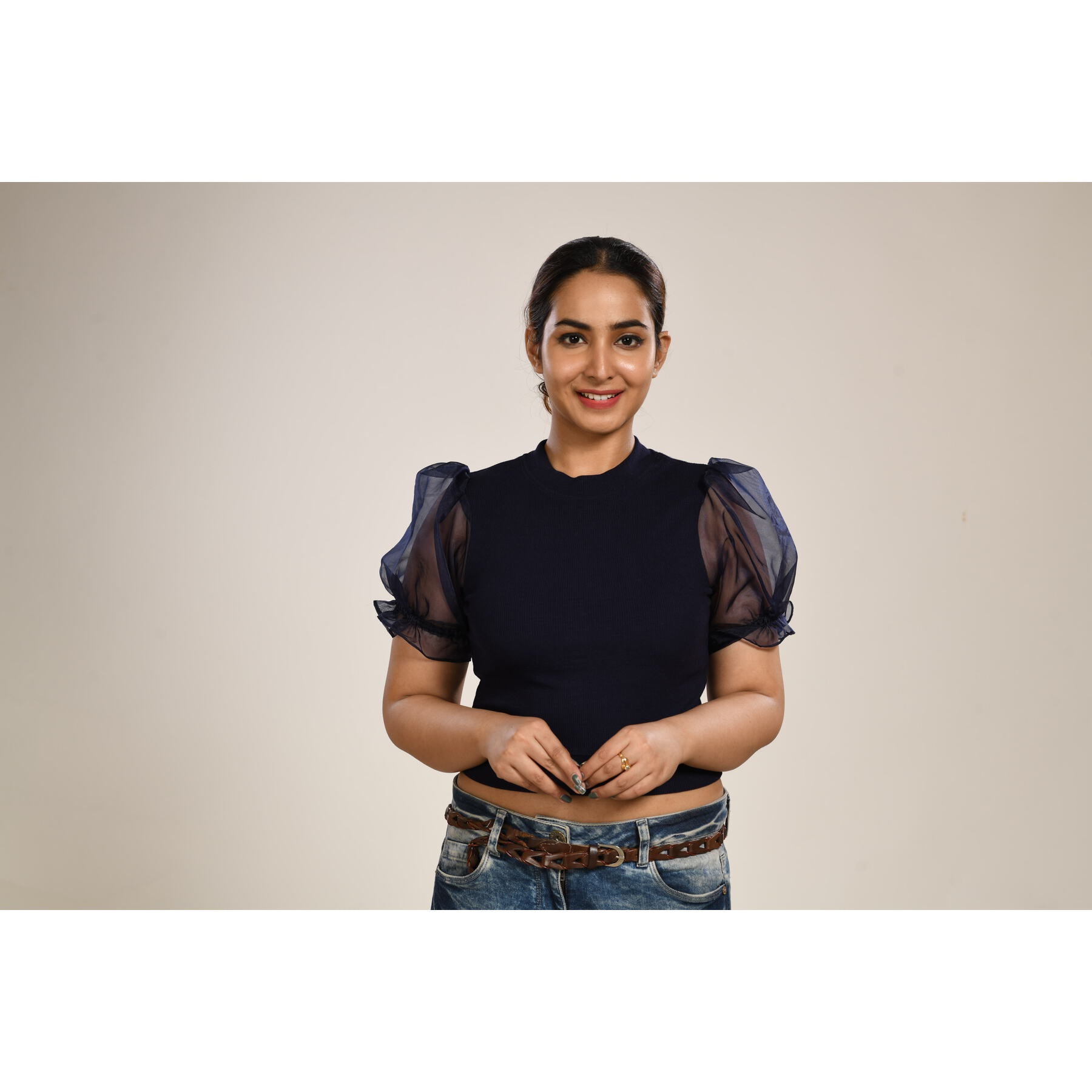 Hosiery Blouses with Puffy Organza Sleeves - Royal Blue - Blouse featured