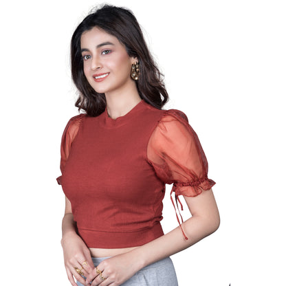Hosiery Blouses with Puffy Organza Sleeves - Rust - Blouse featured