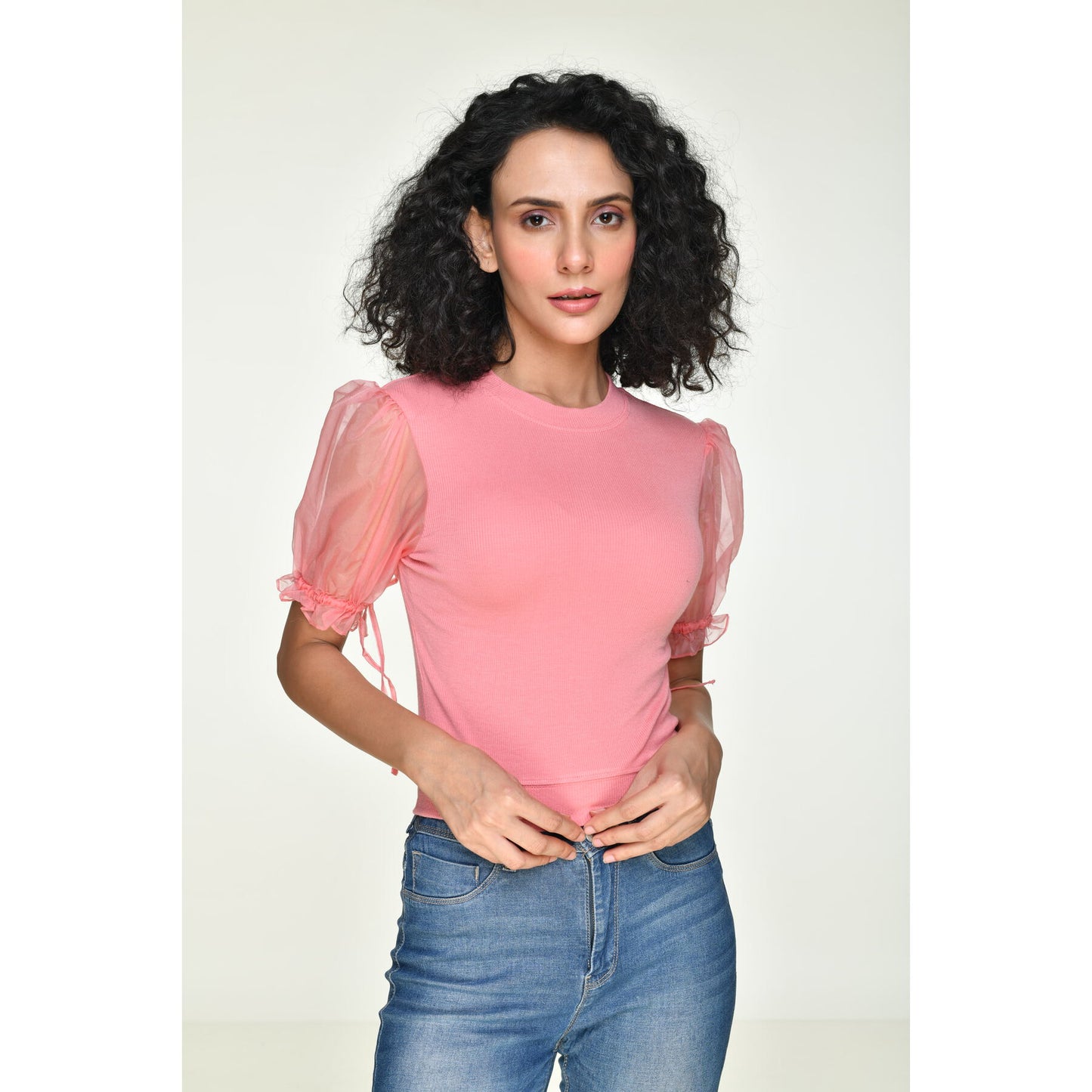 Hosiery Blouses with Puffy Organza Sleeves - Sakura Pink - Blouse featured