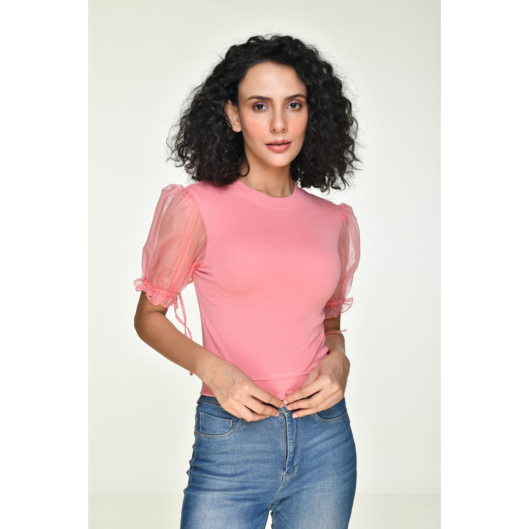 Hosiery Blouses with Puffy Organza Sleeves - Sakura Pink - Blouse featured