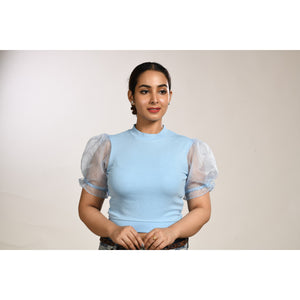 Hosiery Blouses with Puffy Organza Sleeves - Sky Blue - Blouse featured