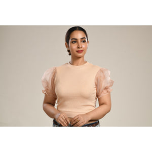 Hosiery Blouses with Puffy Organza Sleeves - Tan - Blouse featured