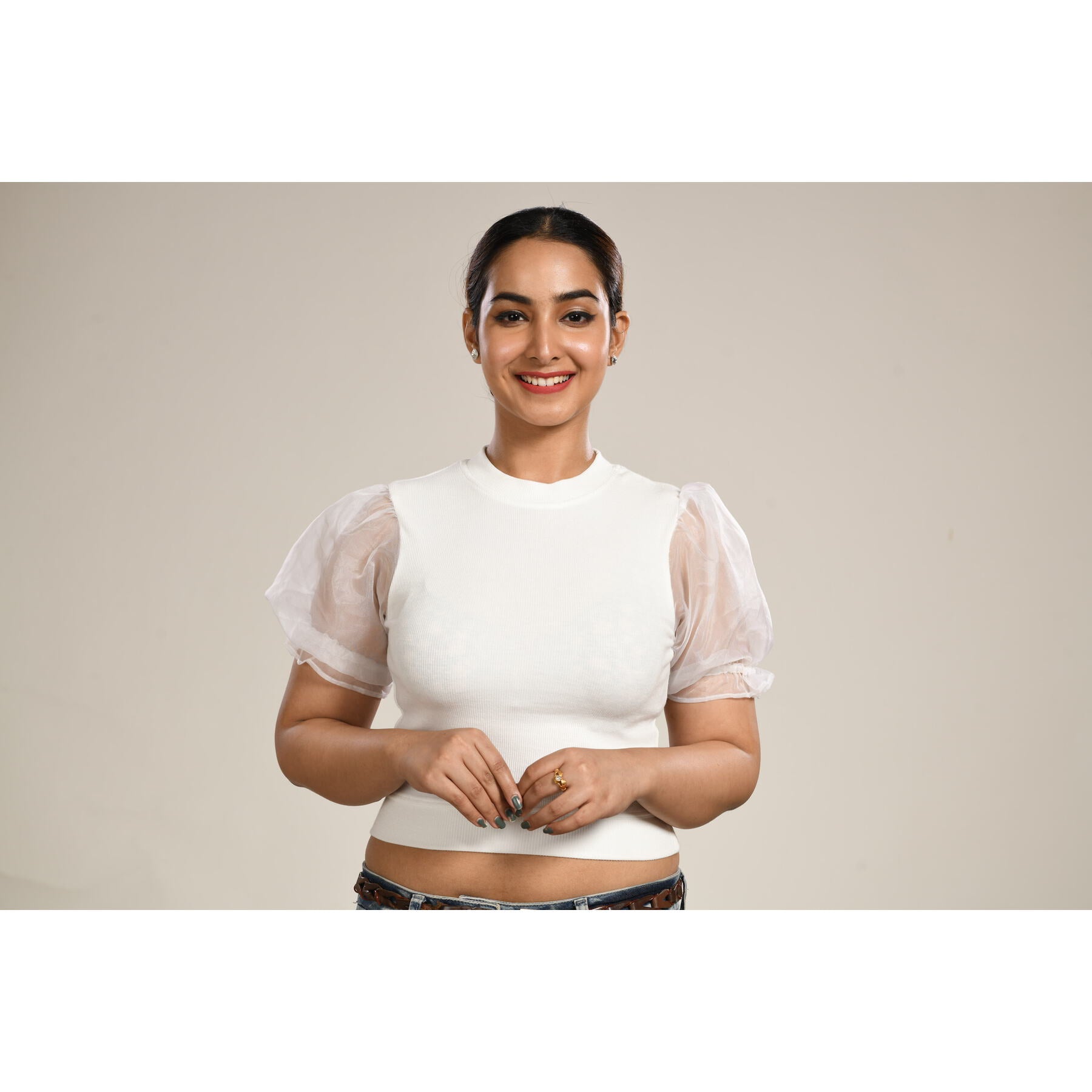 Hosiery Blouses with Puffy Organza Sleeves - White - Blouse featured