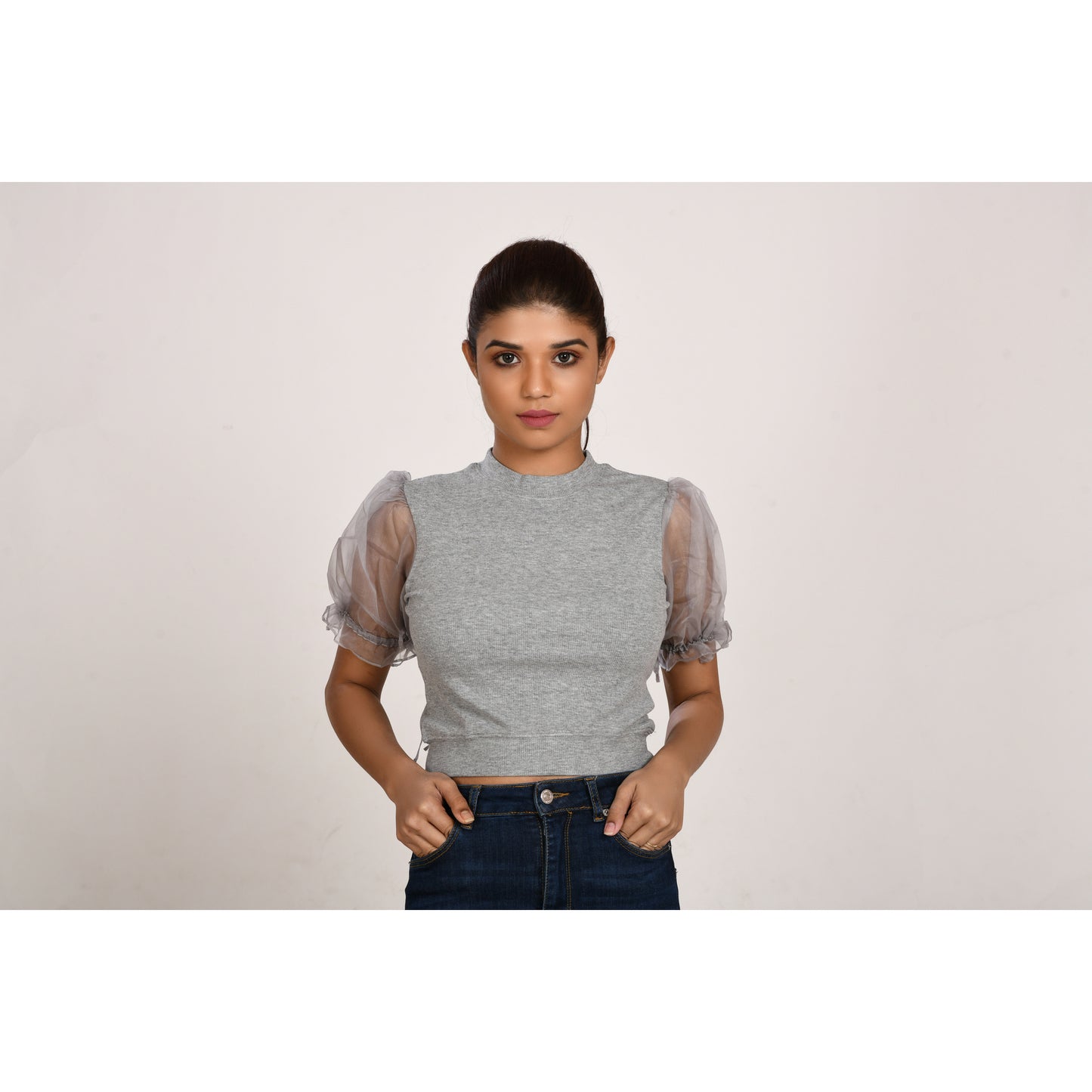 Hosiery Blouses with Puffy Organza Sleeves - Light Grey - Blouse featured