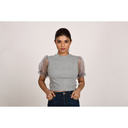 Hosiery Blouses with Puffy Organza Sleeves - Light Grey - Blouse featured