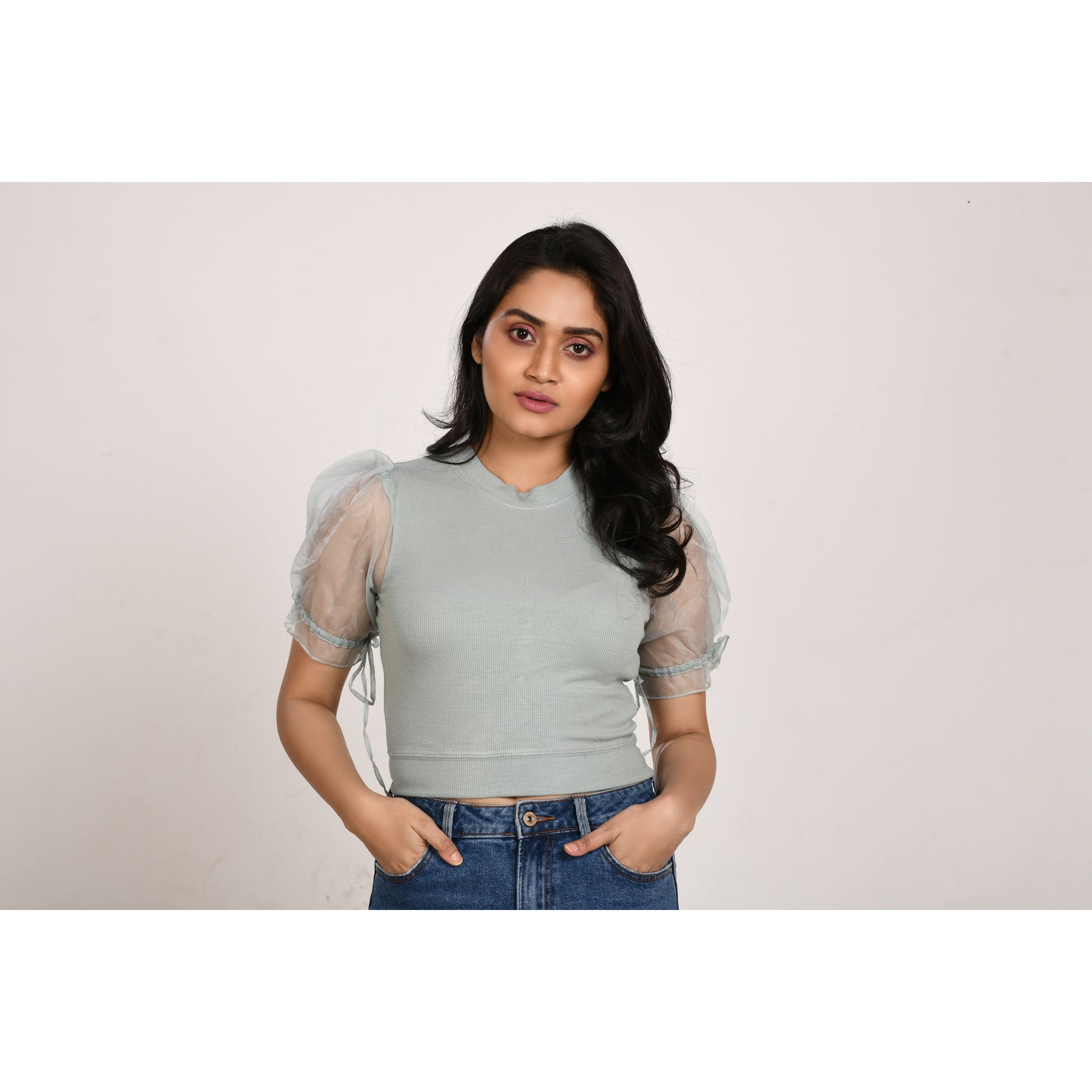 Hosiery Blouses with Puffy Organza Sleeves - Mint Green - Blouse featured