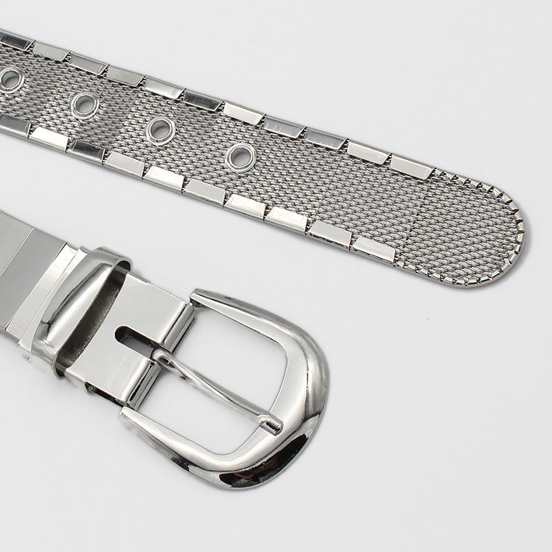 Silver metallic hip belt featured