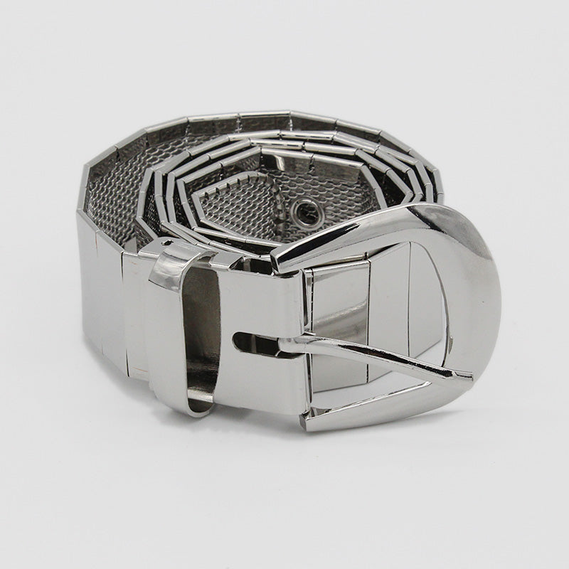 Silver metallic hip belt featured