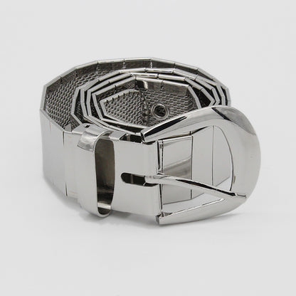 Silver metallic hip belt featured