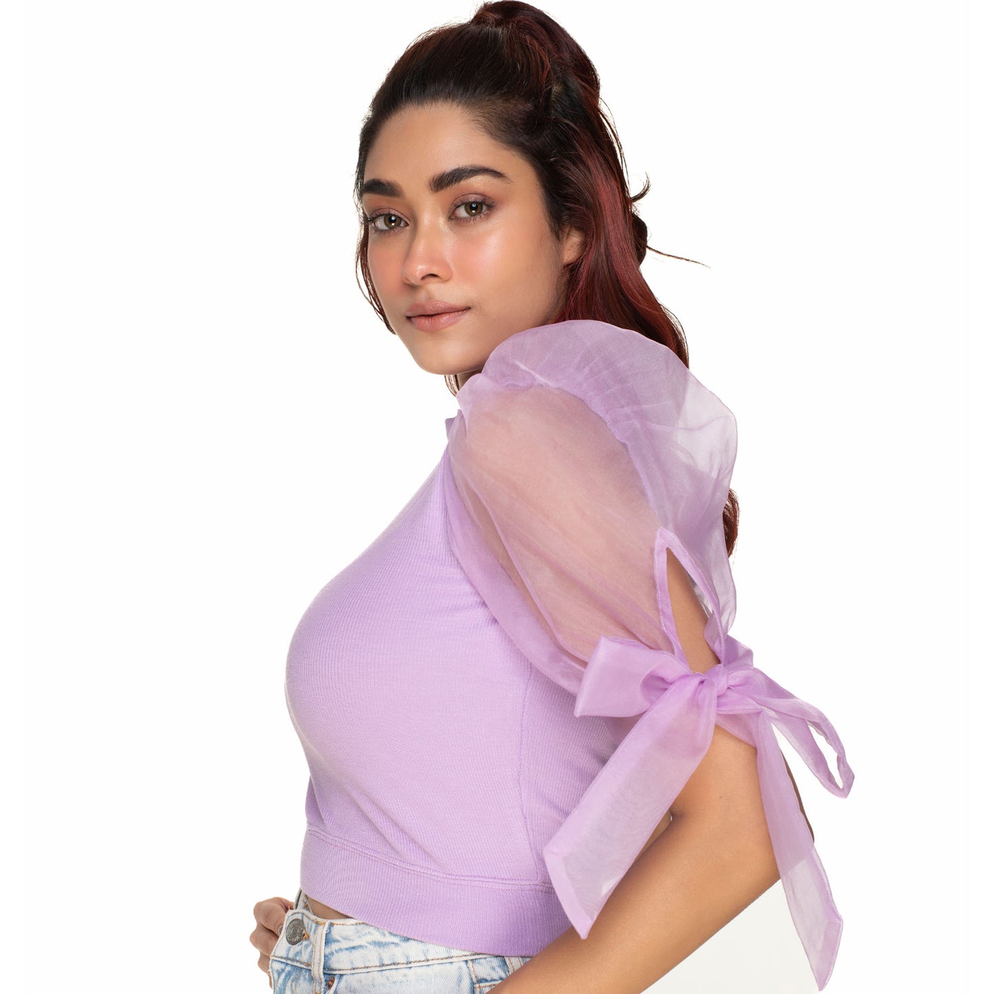 Hosiery Blouses- Bow Tie Up Sleeves - Lavender - Blouse featured