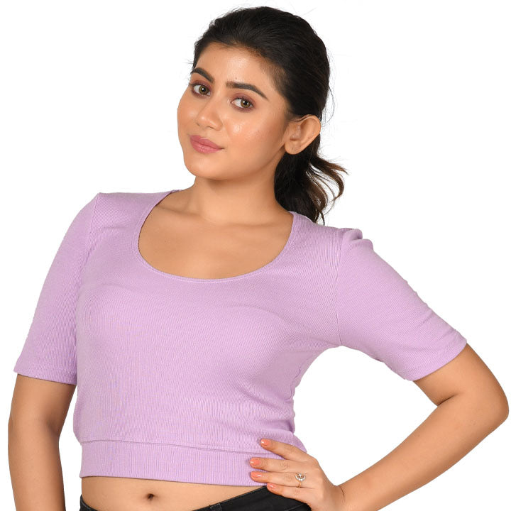 Hosiery Blouse- Regular Deep Round Neck - Lavender - Blouse featured