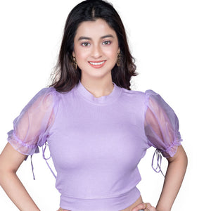 Hosiery Blouses with Puffy Organza Sleeves - Lavender - Blouse featured