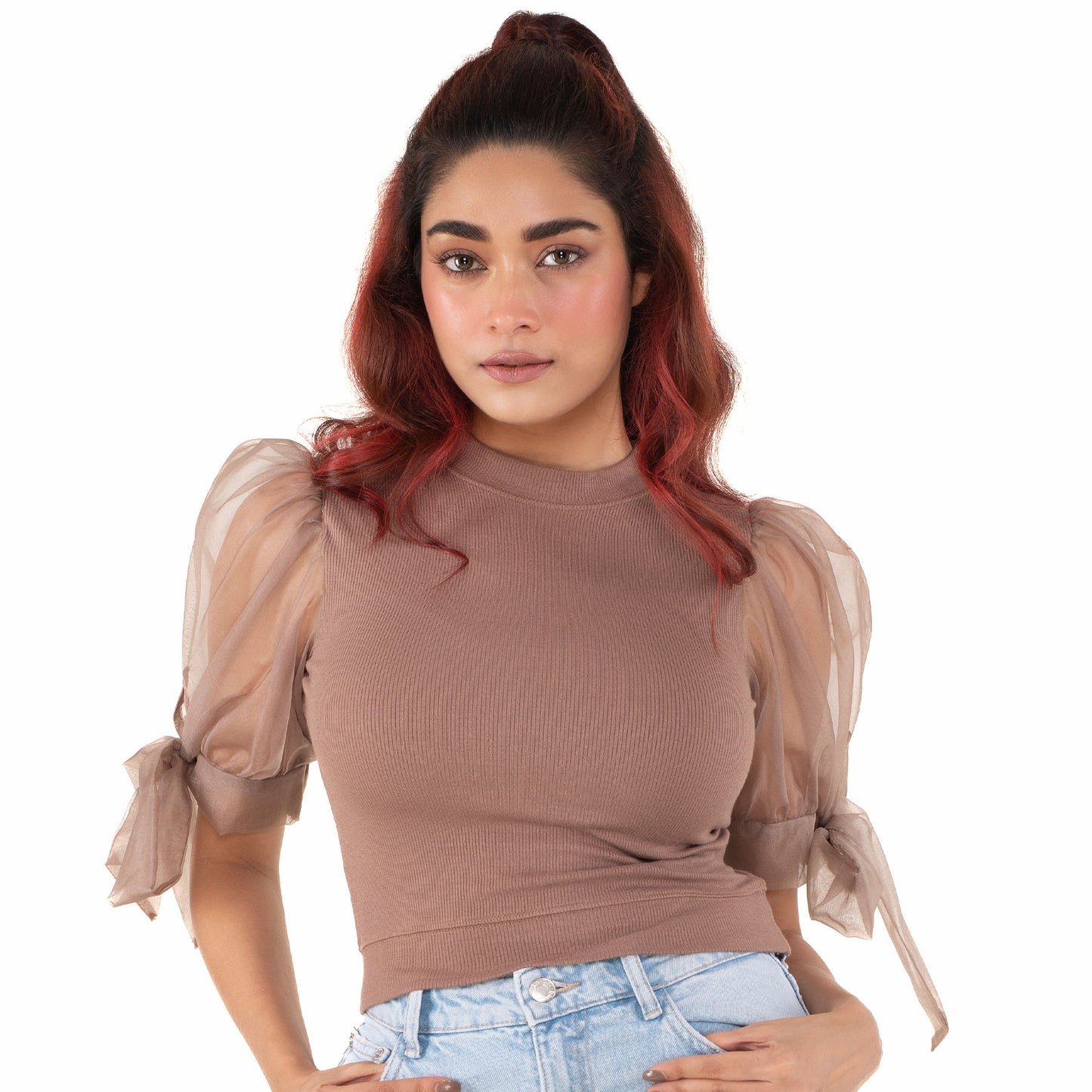 Hosiery Blouses- Bow Tie Up Sleeves - Light Brown - Blouse featured