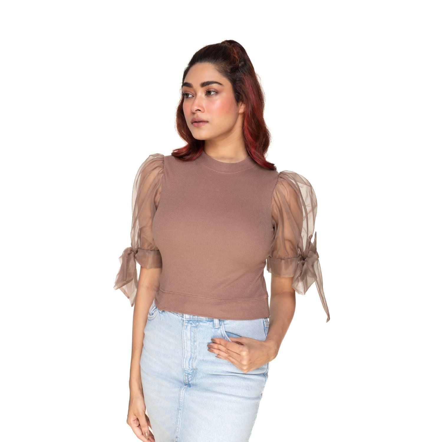 Hosiery Blouses- Bow Tie Up Sleeves - Light Brown - Blouse featured